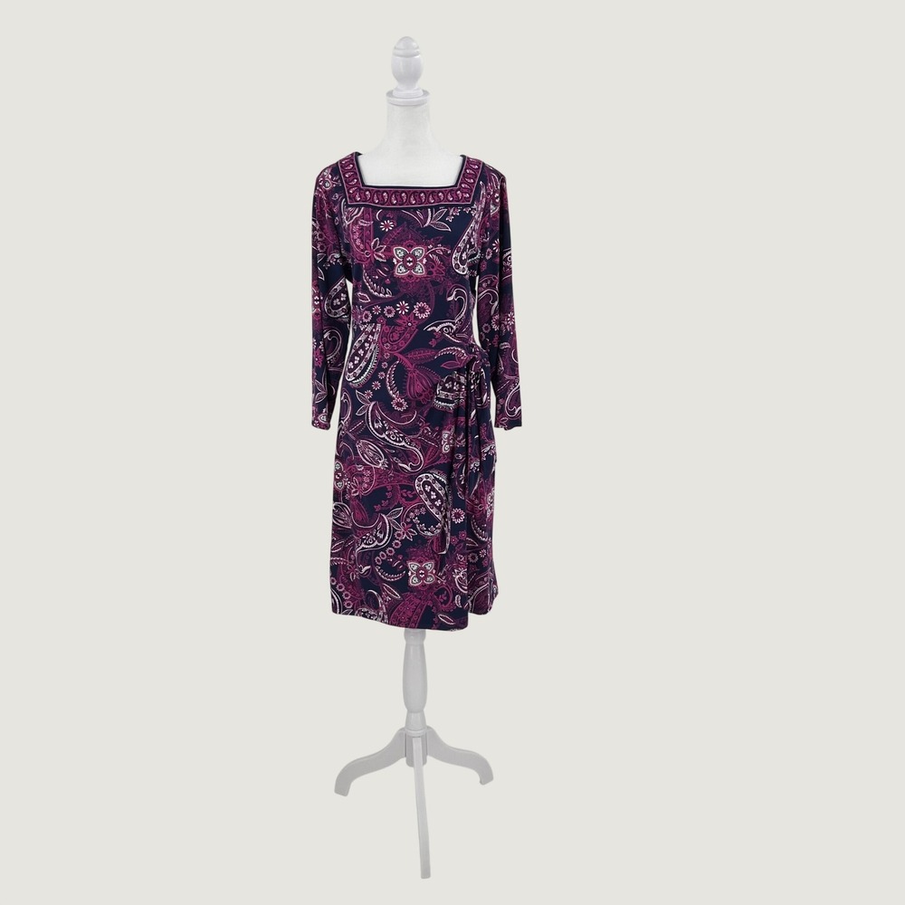 Talbots Womens Bella Navy Pink Paisley Square Neck Faux Wrap Sheath Dress Large